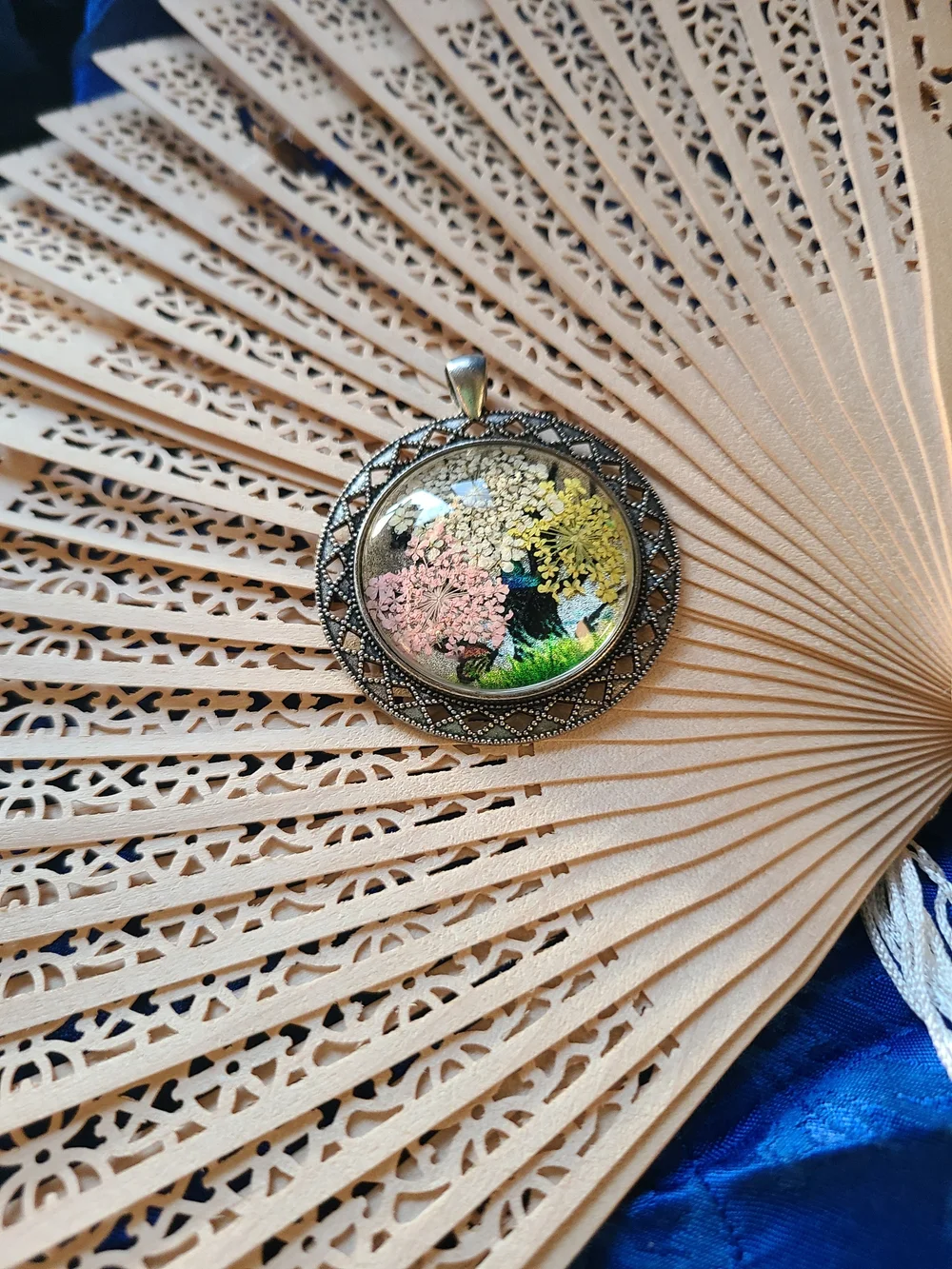 Vintage Yellow Pink Green Floral Resin Pendant Necklace